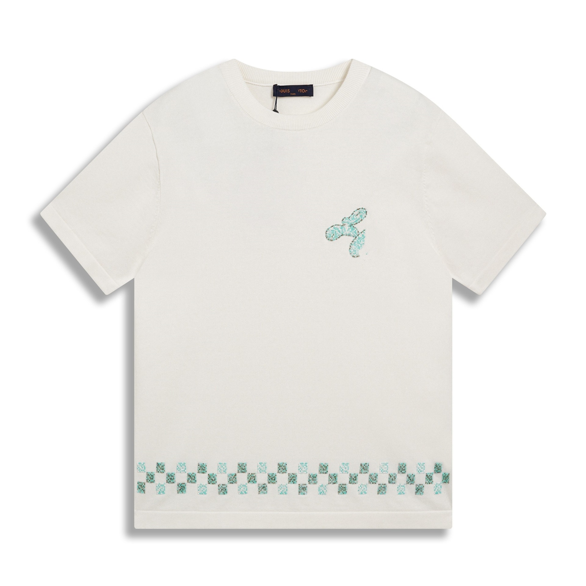 T-shirt de punto de alta versión de burro 2025 nuevo tablero de ajedrez letras jacquard casual suelta hombre y mujer mangas cortas