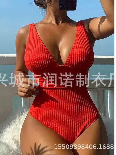 2025 New AliExpress European and American Style 2024 New One-Piece Solid Color Vertical Stripe Fabric Sexy Slim-Fit Slimming Swimsuit