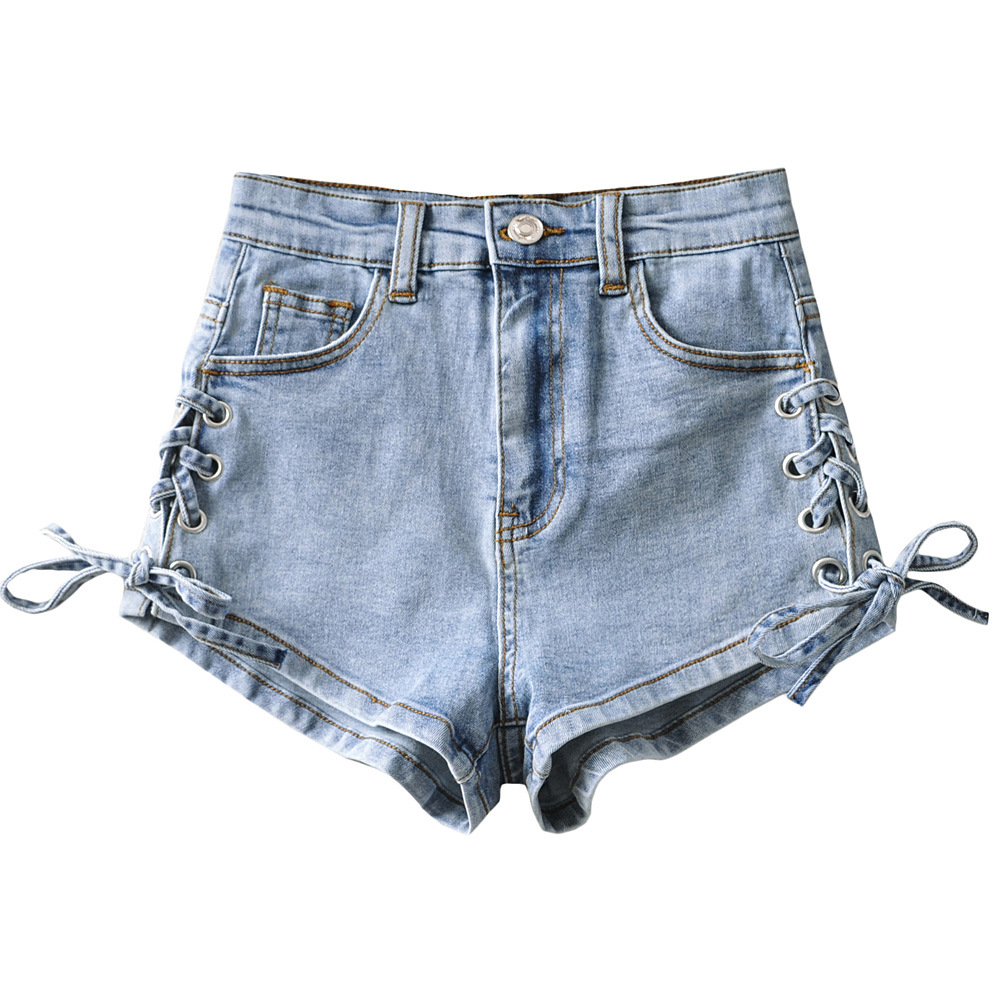 Washed Denim Shorts Women's European And American-style Retro High Waist Strap Double-sided Split Spring And Summer Hip-lifting Three-point Hot Pants