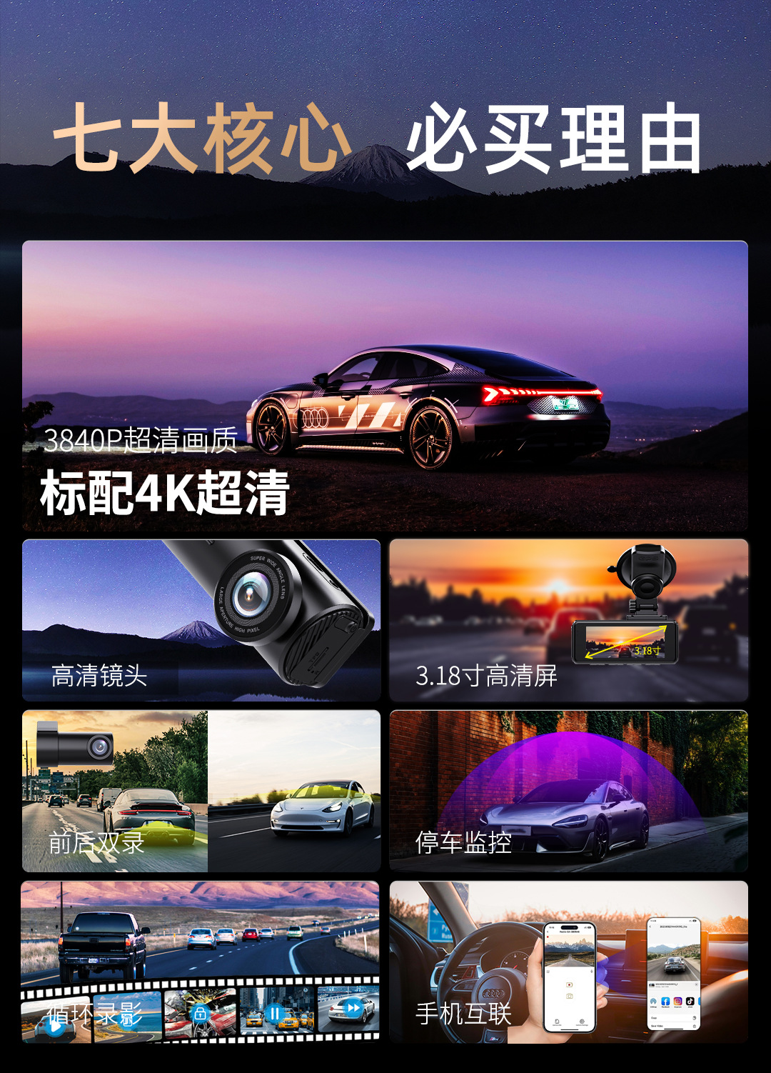 Cross-Border 2026 New Model High-Definition Dual-Camera 4K Car Night Vision Wifi Dashcam Customized for Amazon