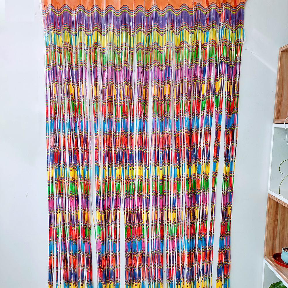 Material PET decoración de escena de fiesta diseño de fondo de cumpleaños cortina de seda de lluvia degradado patrón de muaré cortina de seda de lluvia 1*2m