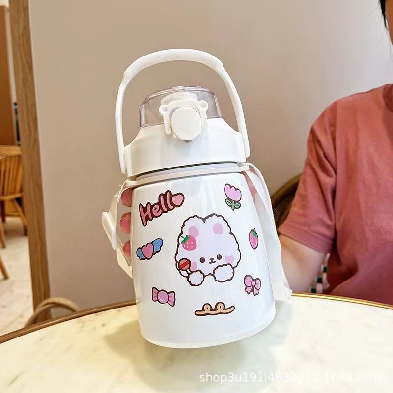 インターネットセレブビッグベリーカップ大容量900ml子供用魔法瓶カップクロスボディストロー学生304ステンレス鋼バウンスカップ|undefined