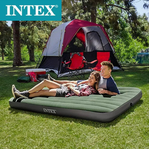 INTEX Thickened Inflatable Bed Wire Pull Flocking Air Bed Camping Air Bed Outdoor Double Portable Air Bed