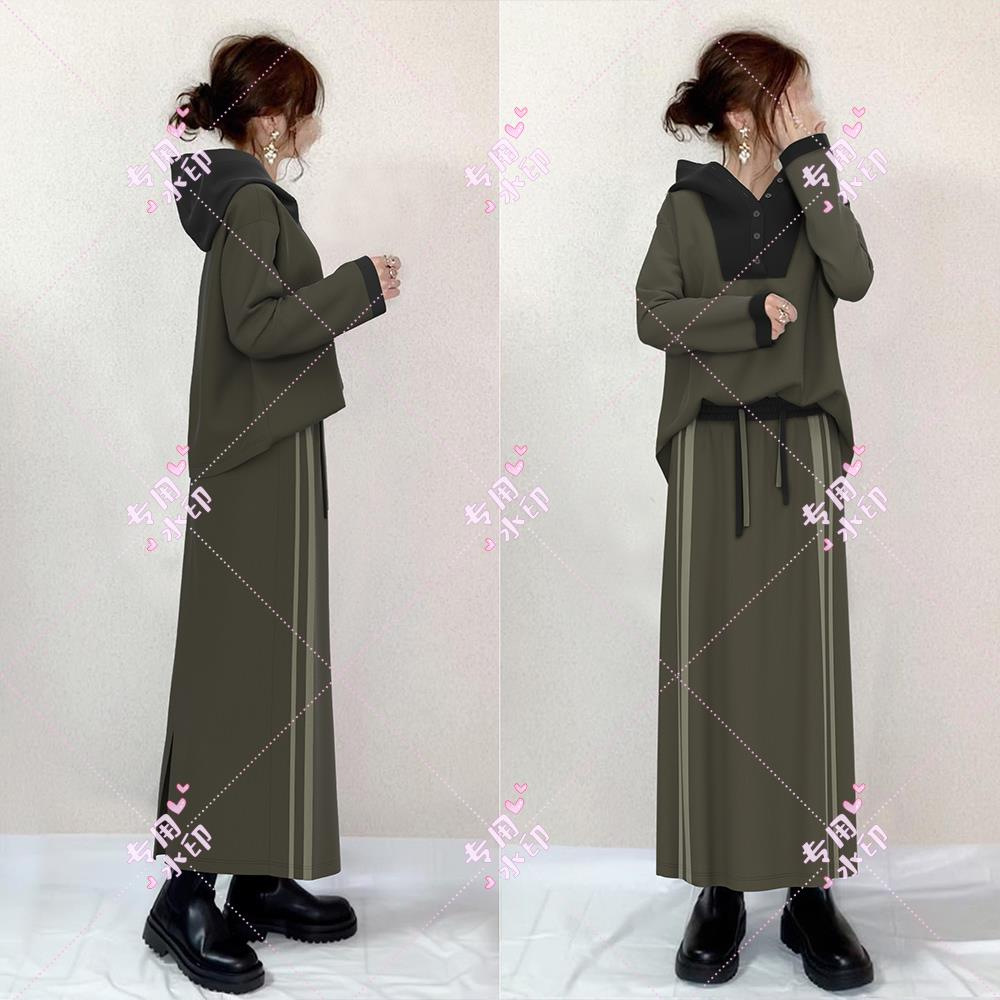 现货2025春季款套装时尚拼色连帽卫衣+拼色织带半身裙两件套套装