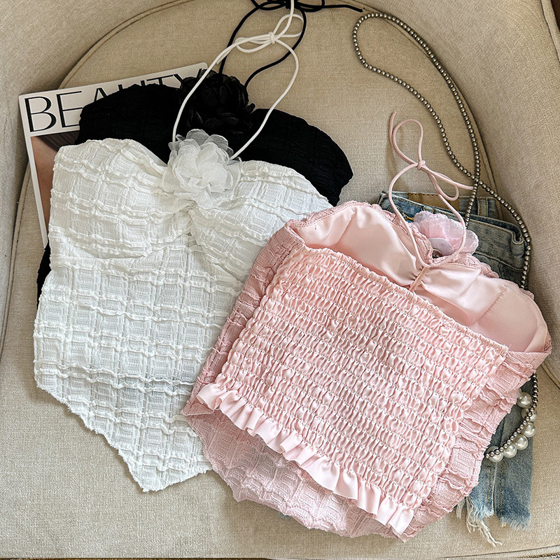 Chaleco de eslinga irregular de cuello colgante hueco de dopamina flor blusa de tubo dulce y picante contacto con ropa interior con almohadilla para el pecho