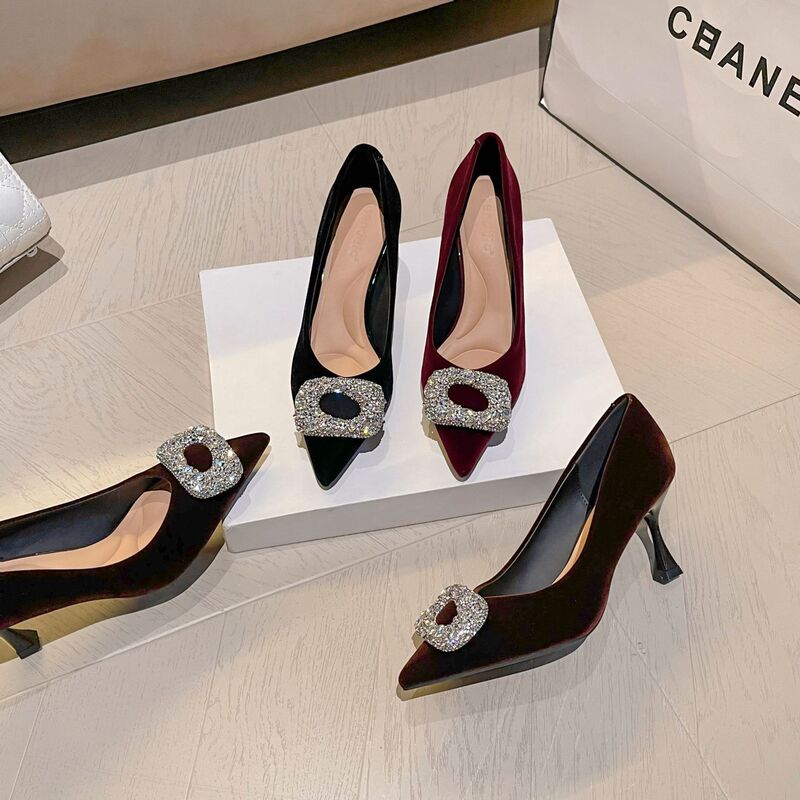 Sendijia/Sendijia Autumn and Winter Popular Pointed Toe Sheep Wool Heels with Square Buckle Diamond Stiletto Heels Are Versatile and Elegant for Work Clothing