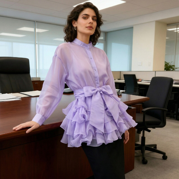 쉬폰 시크 탑 여성의 가을 새로운 러플 스타일리스트 디자인 보우 스트랩 틈새 셔츠