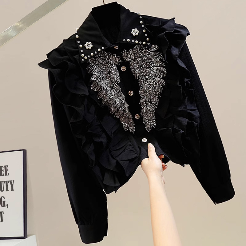 Heavy-duty Beaded Diamond Sequins Design Sweet Pleated Auricularia Lace Stitching Single-breasted Short All-match Shirt