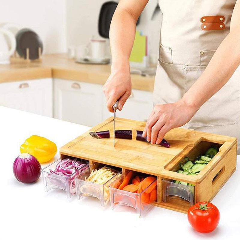 Placa de corte de vegetales de bambú en stock con cajón transparente para almacenar raspador de alambre cortador de cocina para la clasificación de platos domésticos