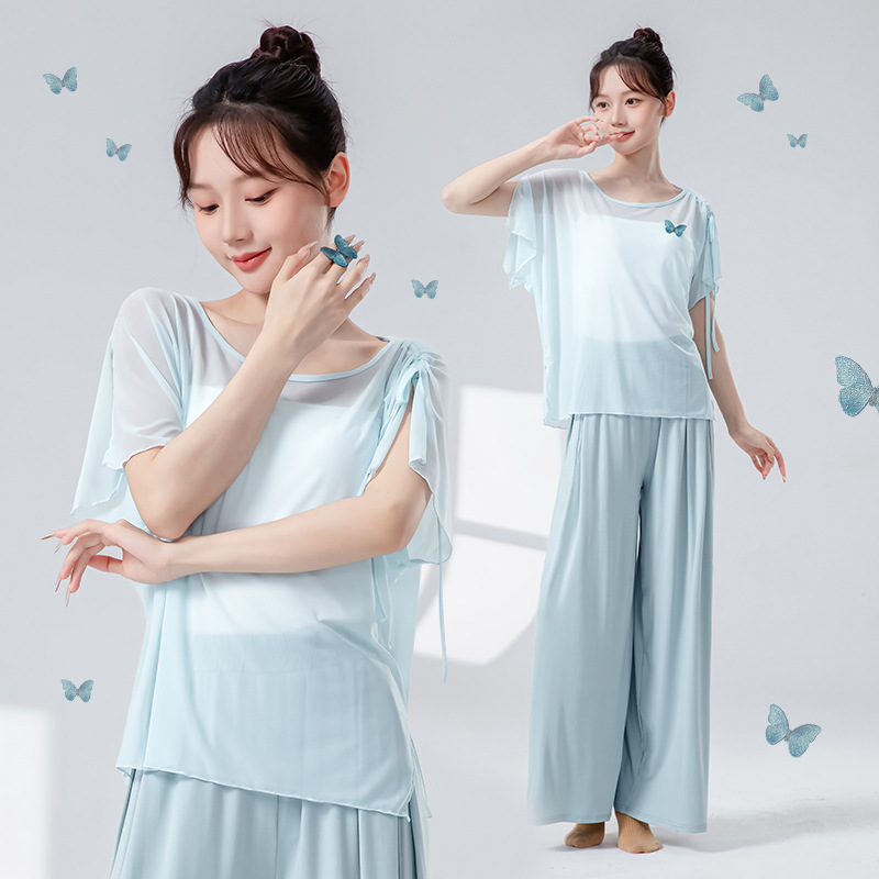 Classical Dance Practice Clothes for Women, New Short-Sleeved Butterfly Drawstring Fairy Dance Clothes, Gauze Chinese Dance Performance Clothes Tops