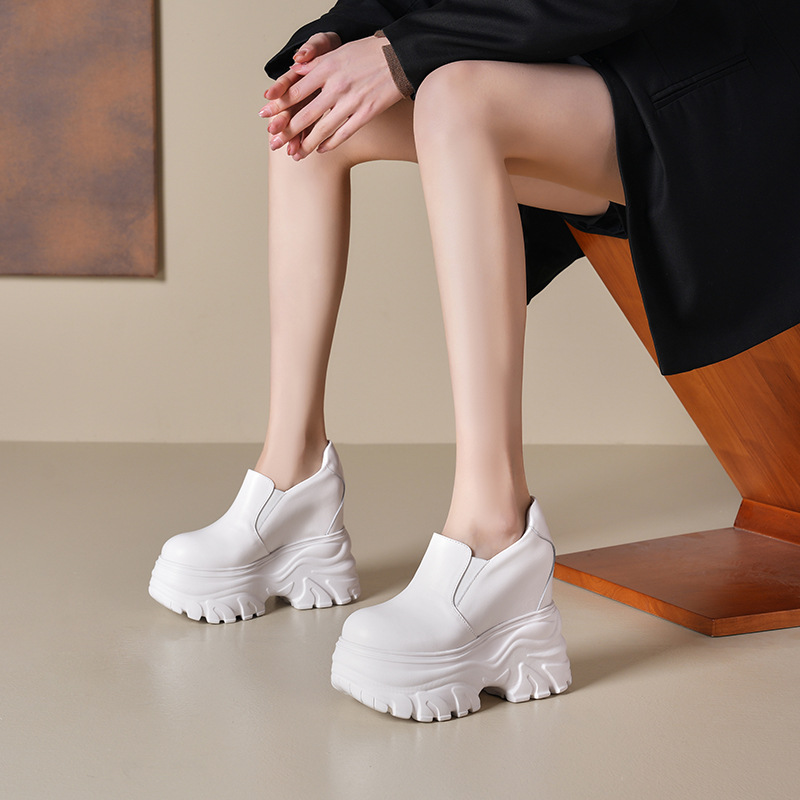 Giày cao gót nữ đế xuồng platform da thật, gót 14 cm tăng chiều cao — Màu đen