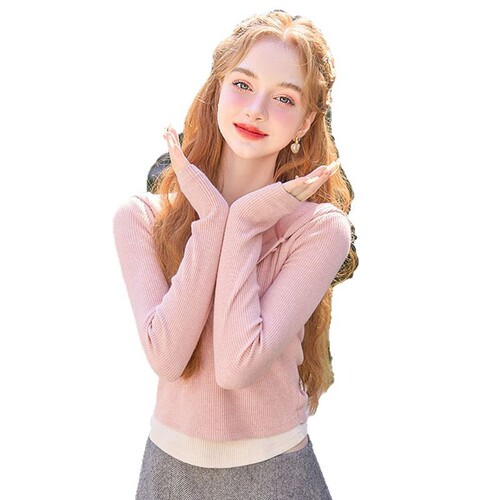 Glamorous Hong Kong-style trendy hooded design long-sleeved women's early spring high-end faux two-piece top slim-fitting versatile slimming T-shirt