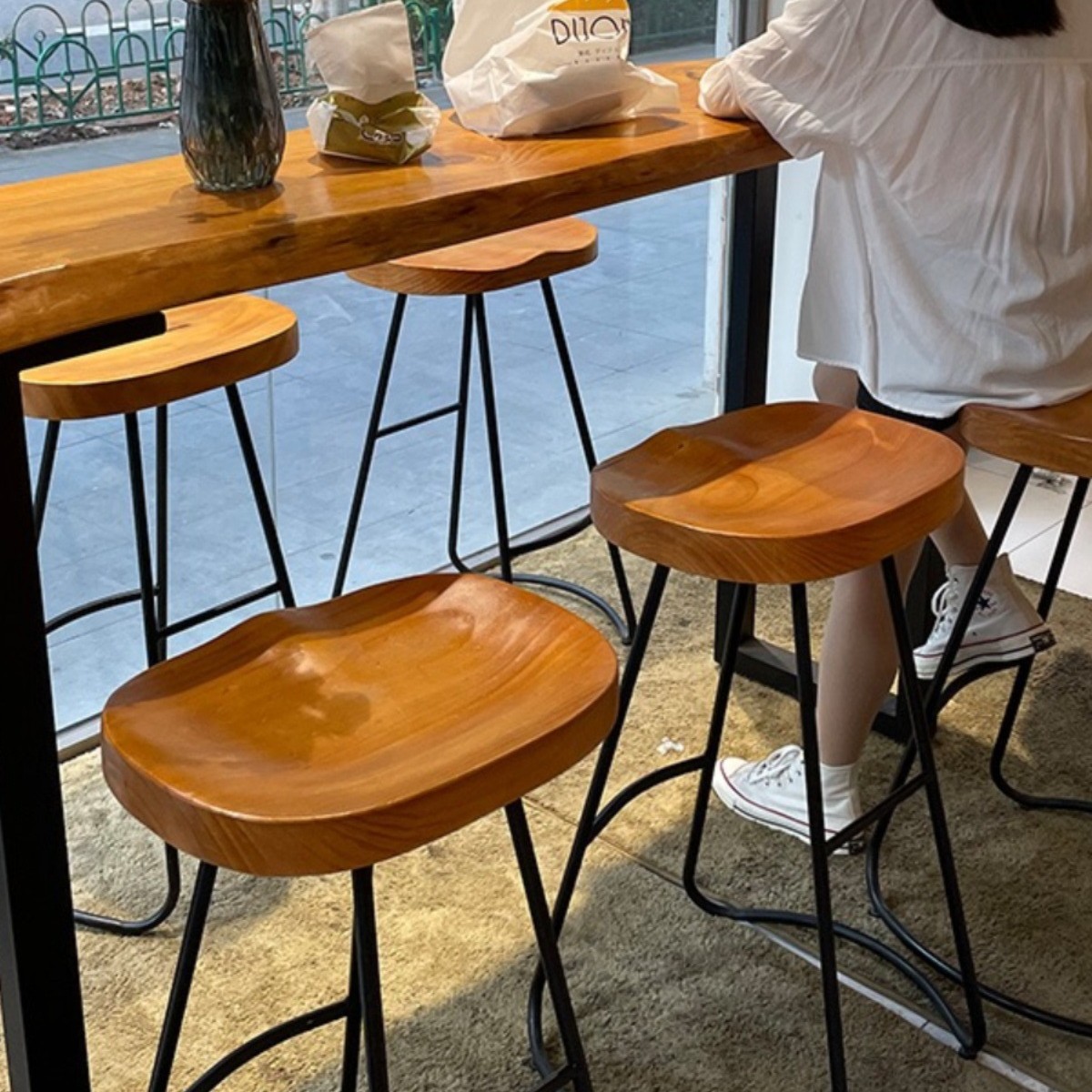 Solid Wood Bar Table and Chair Set for Home Use, Balcony Wall-Mounted High-Legged Long Table, Commercial Use for Milk Tea Shops, Cafes, and Bars