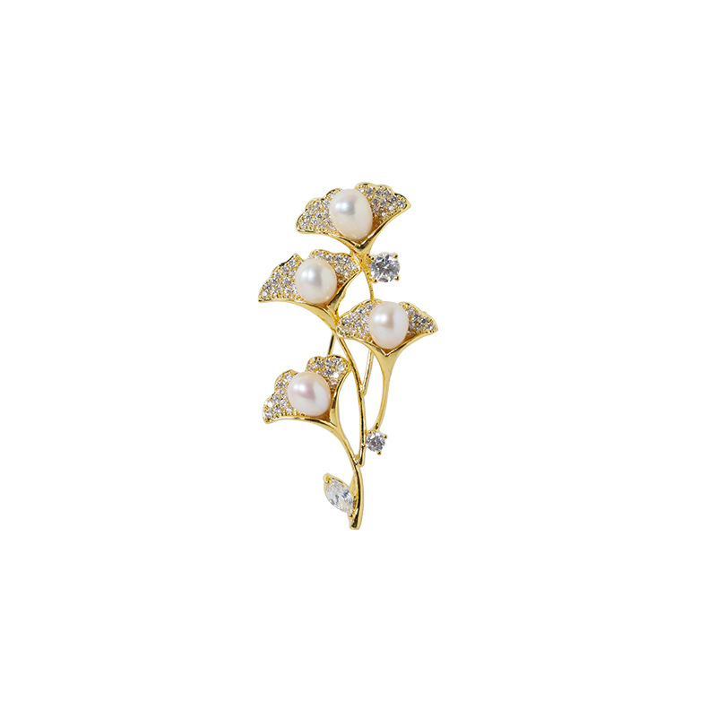 Bronce micro-cinturón piedra perla agua dulce broche de hoja de abeto temperamento flor pectoral personalidad ligera accesorios de lujo broche de hoja