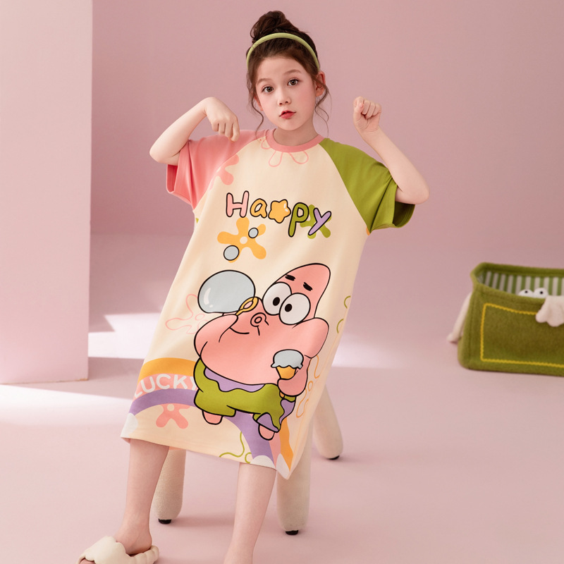 Children's pajamas, girls' pure cotton short-sleeved nightgown, spring and summer thin style, Patrick Star little girl cotton home wear, summer style.