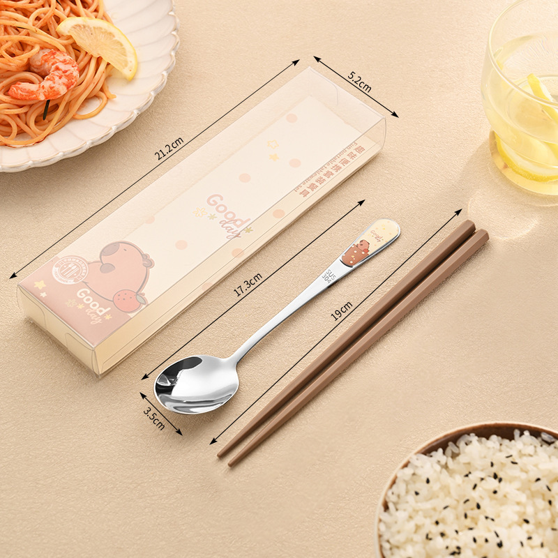 304ステンレス携帯食器かわいいアニメ子供食器学生箸スプーンフォーク食器3点セット|undefined