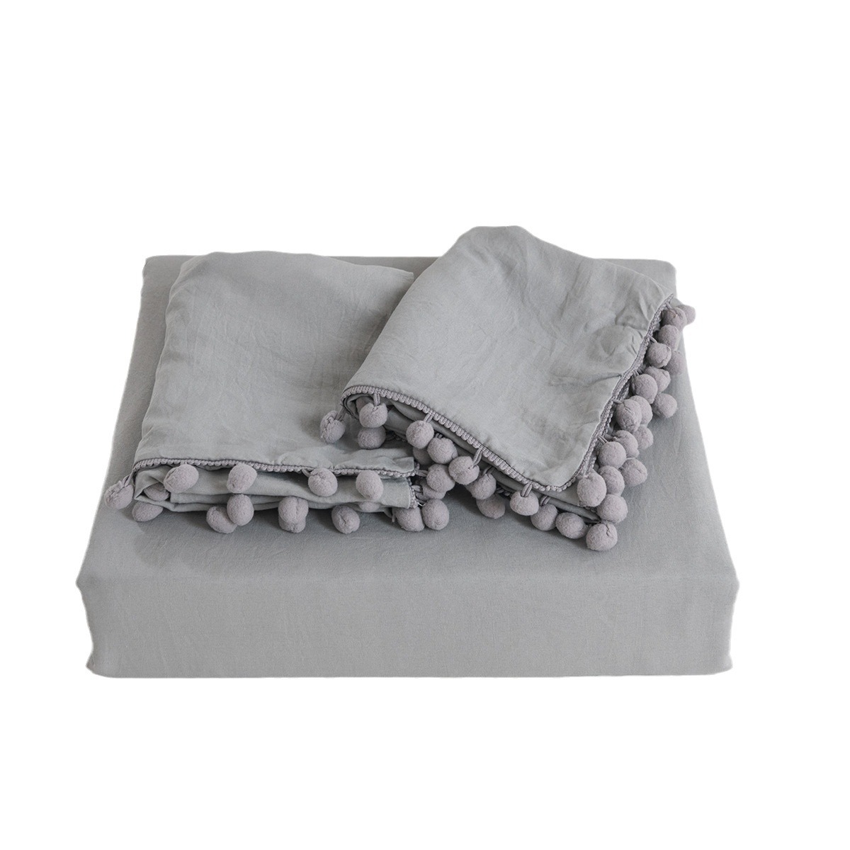 Bedding and home textile three piece set, solid color washed cotton hanging ball style duvet cover set_voghion.com