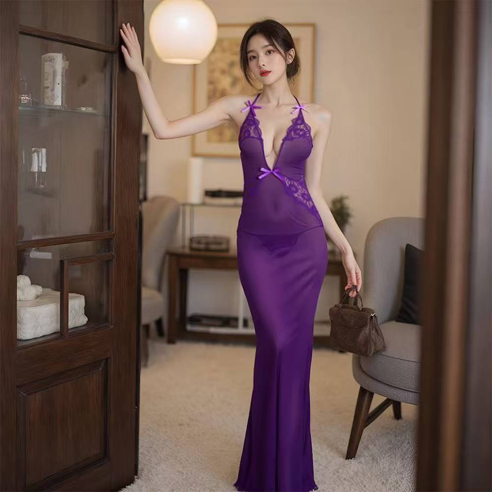 Women’s Lace Suspender Nightgown, Thin Polyester Lingerie Set, Purple One Size — detail image 6
