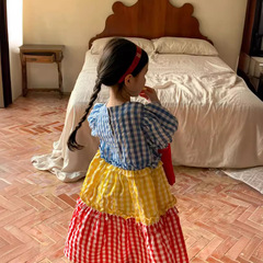 童裙代發2024夏款女童韓版格子泡泡袖連衣裙兒童三色格子公主裙