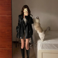 黑色西装领pu皮衣外套女春秋小众设计感韩系穿搭痞帅机车夹克上衣