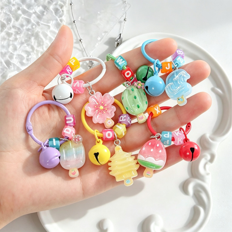 Macaron painted bell keychain with cartoon letter ring pendant, high aesthetic creative small popsicle accessory