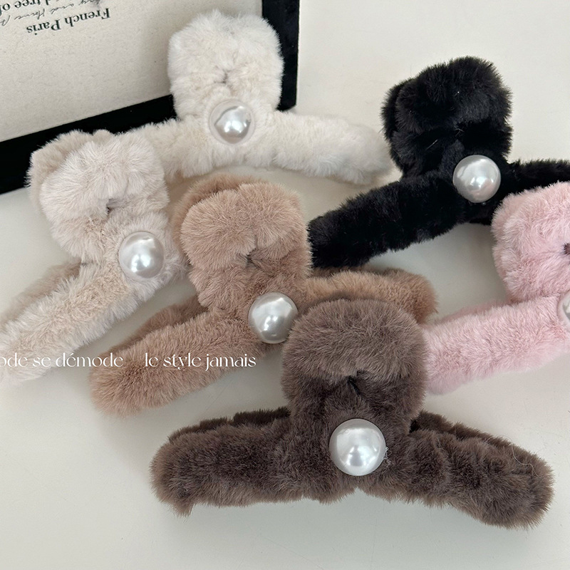 Herbst und Winter Plüsch Haarnadel Kopfschmuck weibliche Perle Haarspange Hinterkopf Haarspange große Haifisch-Clip Subnetz rot Hochsteckfrisur Haar Haarnadel_voghion.com