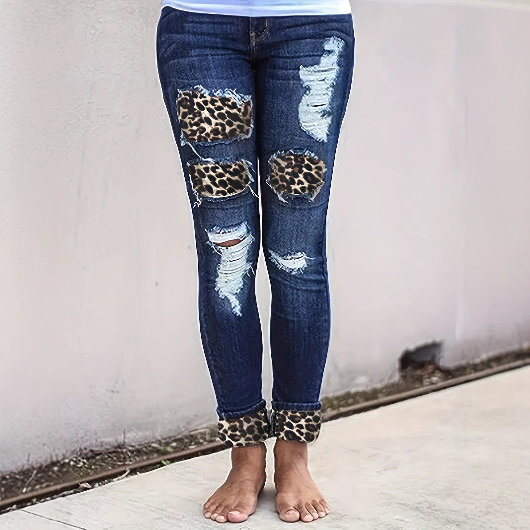 European and American New Women's Clothing Cross-Border Slim Fit Ripped Leopard Print Patch Rolled Hem Denim Pants