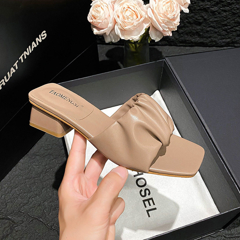 Dép sandal nữ quai ngang mũi vuông gót vuông đế cao 3–5 cm — Màu mơ, Màu nâu