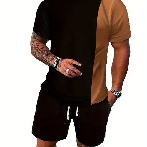 Comercio exterior europeo y americano Amazon 2025 nuevo estilo casual a juego de color manga corta cuello redondo camiseta pantalones cortos traje ME5 MA04