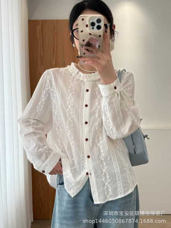 琪镌绘制秋季款木耳领气质文艺女刺绣衬衫女休闲百搭长袖衬衣1811|undefined
