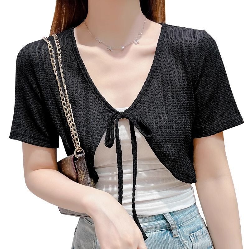 Lace Short-Sleeved Cardigan Paired with a Skirt, Sun Protection Clothing, Summer Thin Strap Dress, Shawl, Cover-Up Jacket, Small Cape