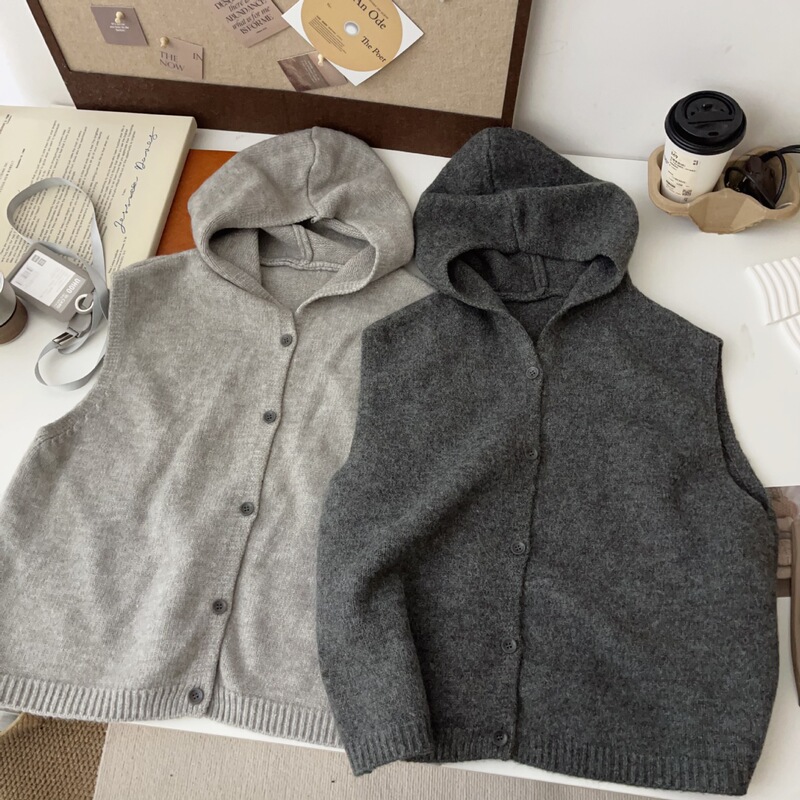 Autumn and Winter Korean Style Pure Color Simple Casual Versatile Hooded Knitted Cardigan Vest Women's New Soft Waxy Inner Top