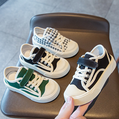 Houndstooth children's canvas shoes 2024 spring and autumn large children's flat non-slip comfortable boys and girls student sports sneakers