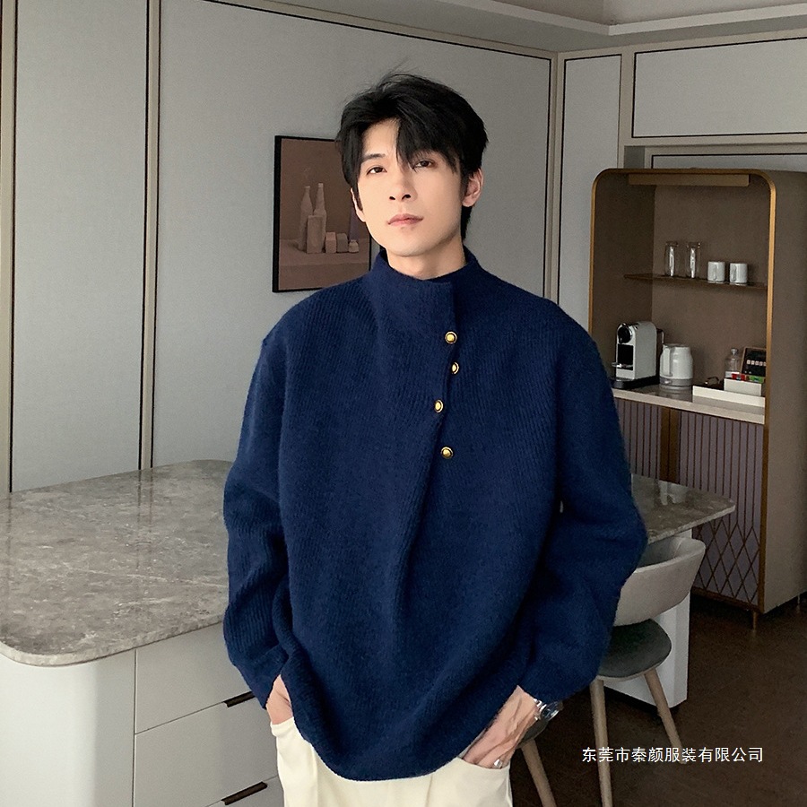 不规则纽扣情侣重磅毛衣男款冬季潮男感针织衫男上衣