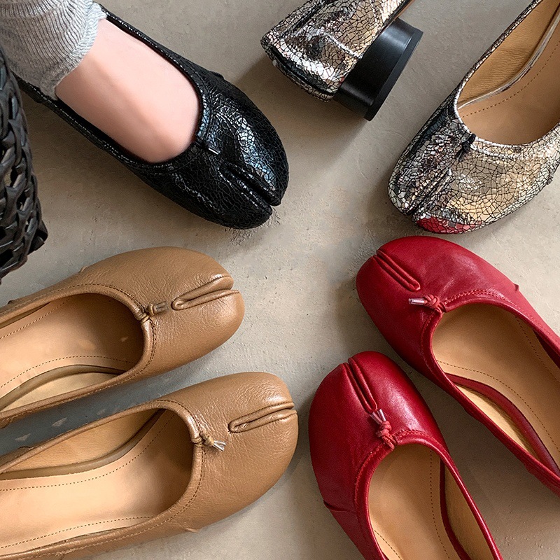 Genuine Leather Toe Shoes Women's Shallow Mouth Shoes Mid-Heel Shoes Spring and Summer Full Leather Korean Style Cute Pig Trotter Shoes Women's Shoes