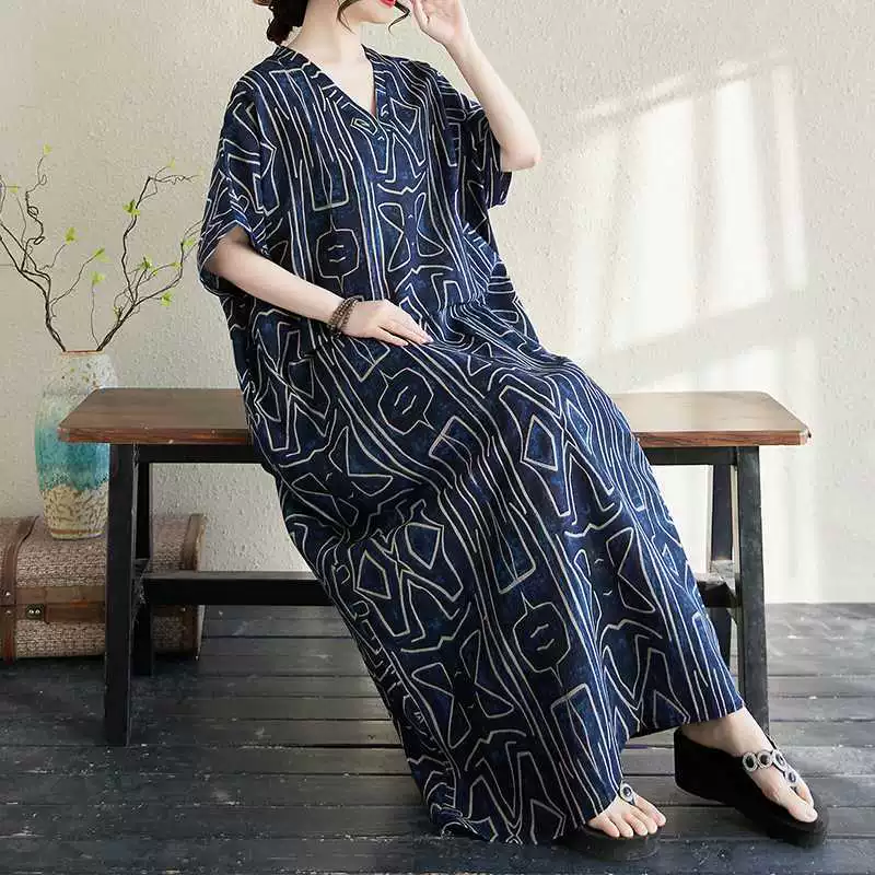 Летняя длинная юбка-платье для пляжа, хлопок и лён, V-образный вырез, оверсайз