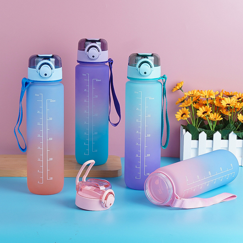 Estilo coreano 1000ml gradiente de color espacio de la Copa de fitness deportes hervidor de plástico transfronterizo rebotando taza portátil con escala