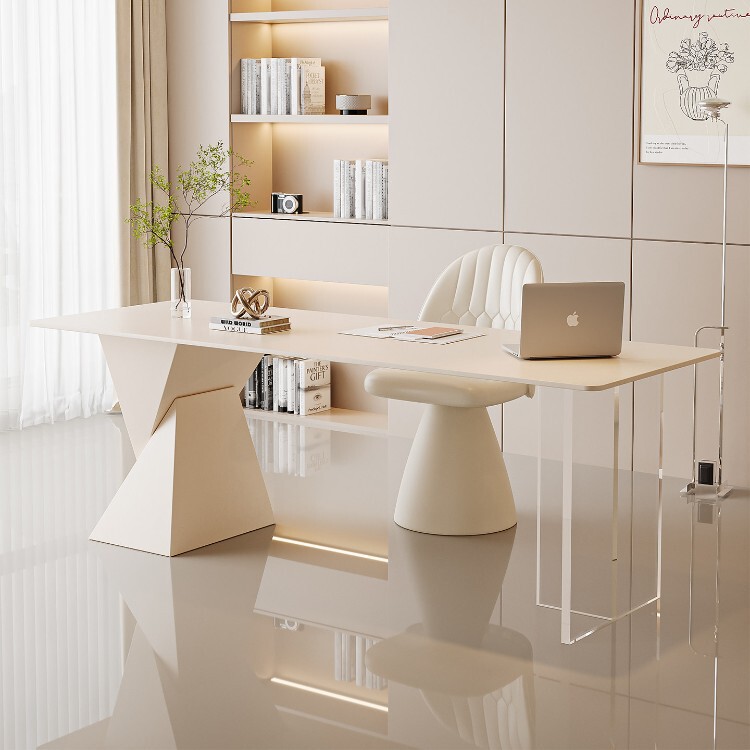 Cream-Colored Slate Office Desk, Minimalist Home Writing Desk, White Desk with a High-End Feel, Beauty Salon Meeting Table and Chair Set Cream-Colored Slate Office Desk, Minimalist Home Writing Desk, White Desk with a High-End Feel, Beauty Salon Meeting Table and Chair Set