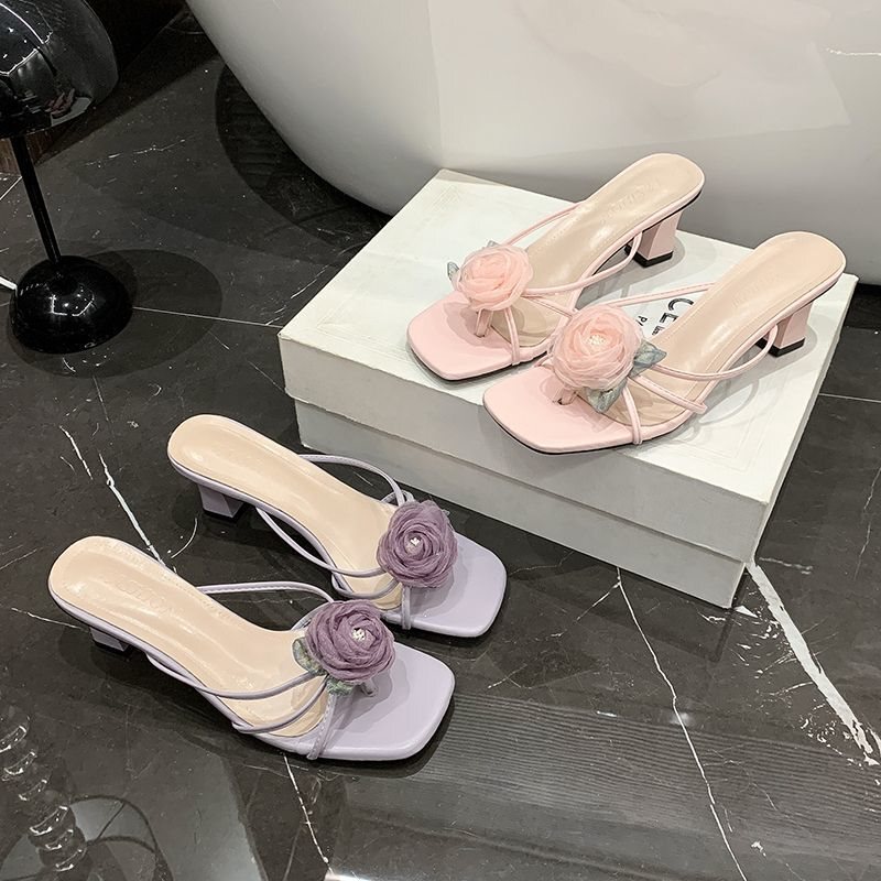 Recommended by Douyin~ Brand New Chinese-Style Cheongsam Summer High-Heeled Shoes with a Retro Vibe, Purple Rose Flower Shoes for Women to Wear Outside