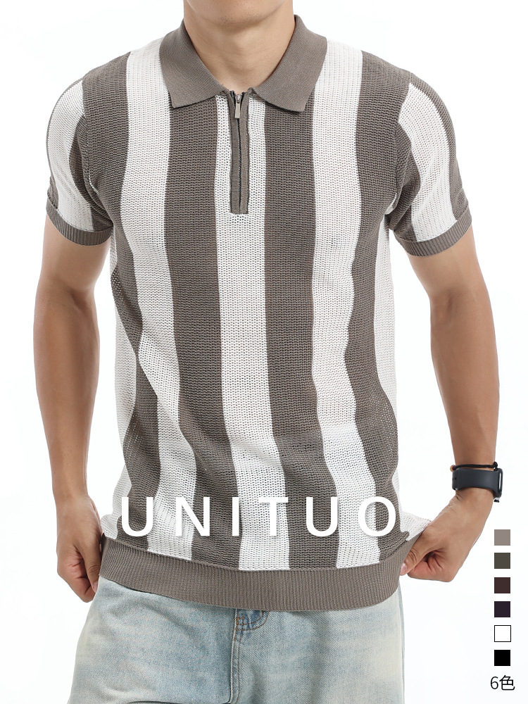Europa y los Estados Unidos transfronterizos para hombres colores contrastantes rayas verticales jersey polo seda de hielo semia cremallera collar manga corta hombre de negocios casual