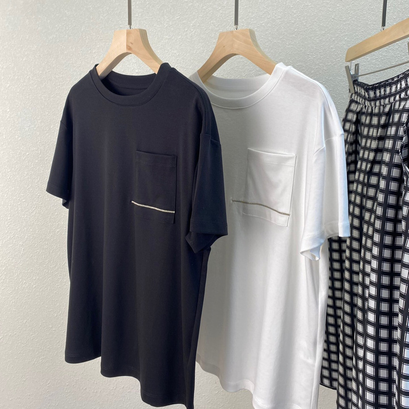4277 BC Two-color Pocket Beaded Solid Color Short-sleeved Women's Summer Simple Casual Cotton T-shirt Top