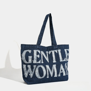 Thailand Trendy Brand Large Capacity Single Shoulder Canvas Bag Artistic Vintage Denim Bag Women's Bag Handbag with Letters