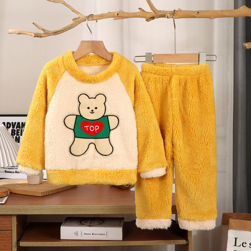 Children's long hair flannel pajamas set for autumn and winter, coral velvet, thickened and velvet home wear for boys and girls