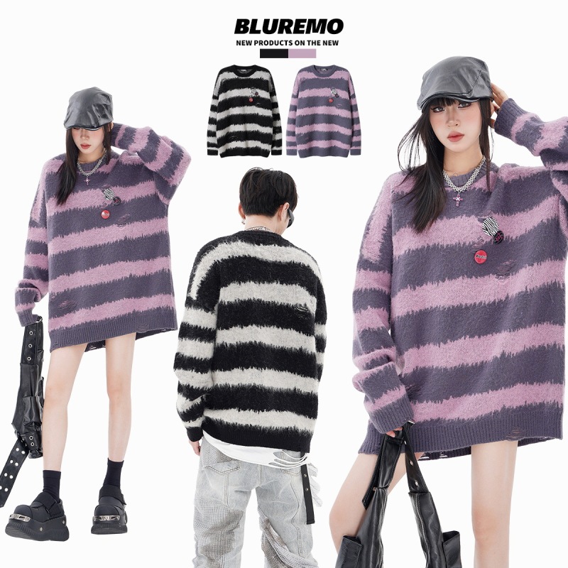 BLUREMO | American niche seahorse hair imitation pen touch color stripe fashion casual sweater round neck long sleeve needle
