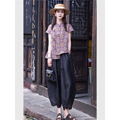 深圳南油新中式国风女装短袖上衣灯笼裤套装2025新款减龄别致穿搭