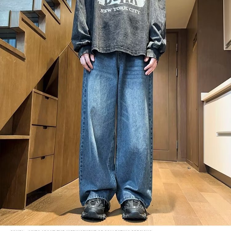 Calle drapeado pantalones vaqueros de pierna ancha Pantalones rectos sueltos de los hombres de la marca de moda lavada americana apenada pantalones largos Casuales