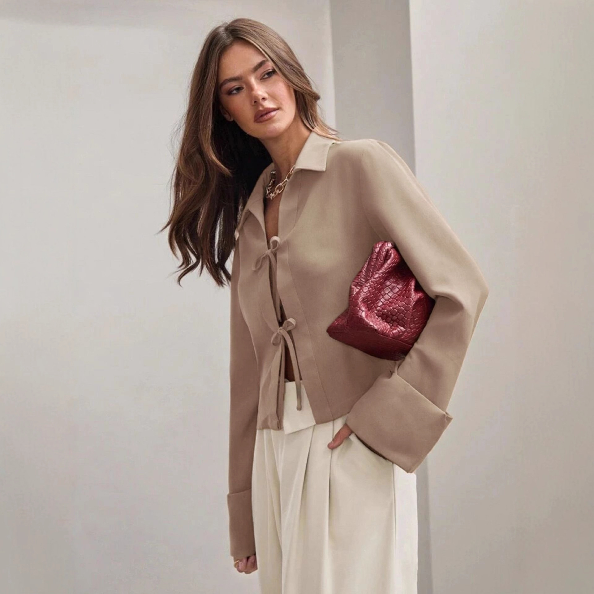 Women's Long Sleeve Bowknot Cardigan Lace-up Shirt