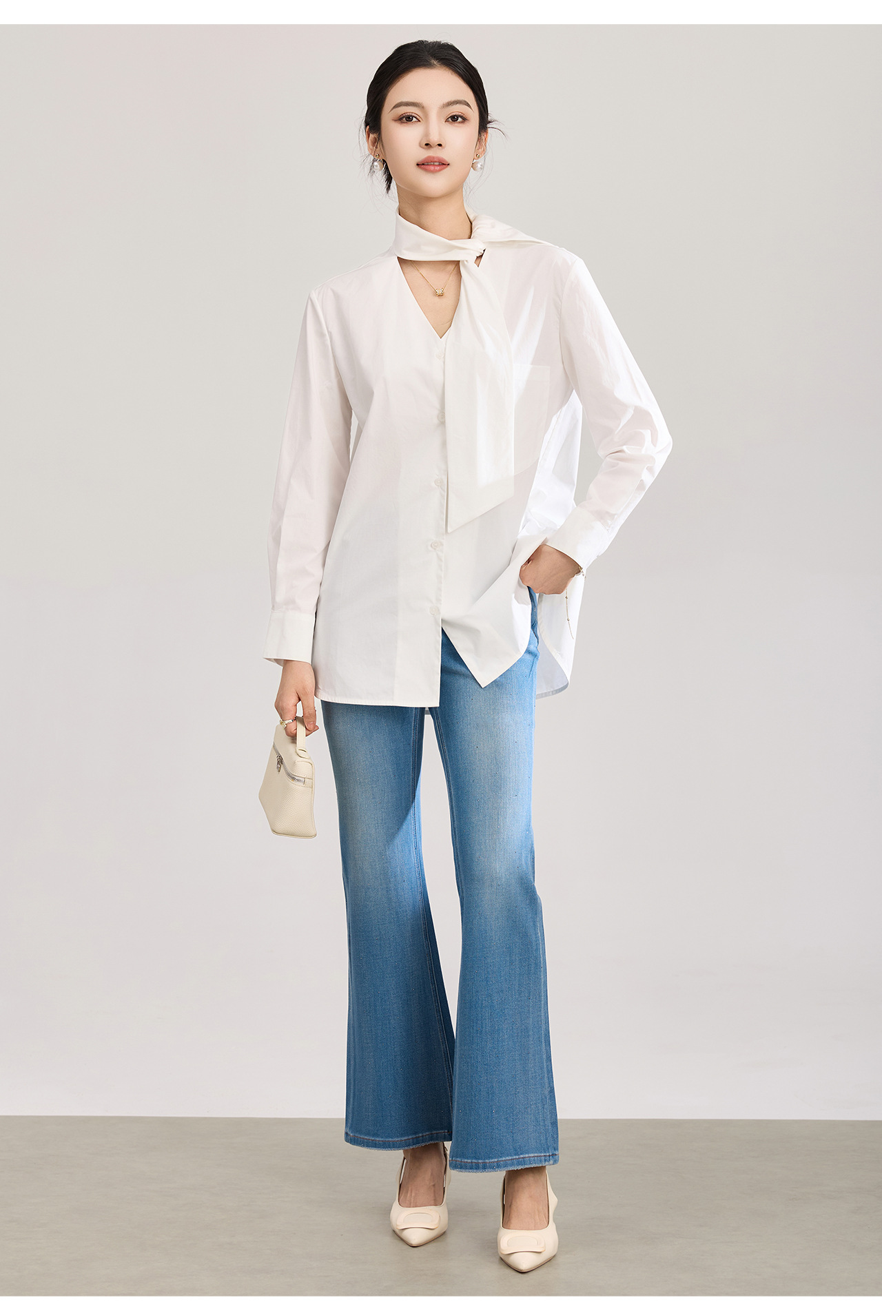 Áo sơ mi nữ dài tay cổ V phối dây rua, chất cotton mềm mại không nhăn — Vàng sữa chi tiết 19