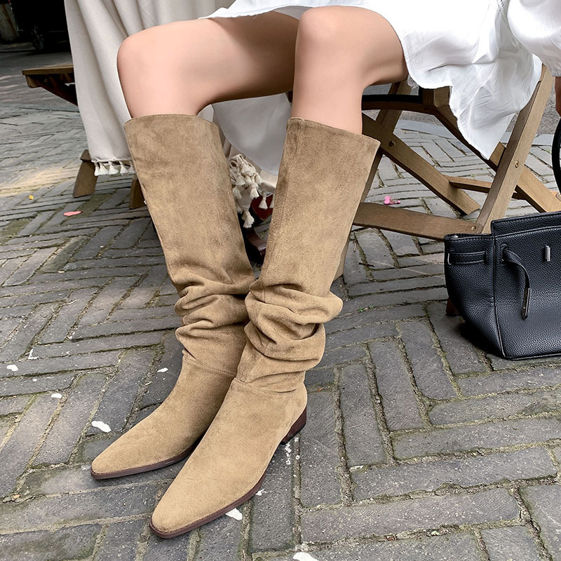 Wide boots pile Boots knee-length fat leg wearable solid color suede square toe mid heel sleeve women's knee-length high boots Wide boots pile Boots knee-length fat leg wearable solid color suede square toe mid heel sleeve women's knee-length high boots