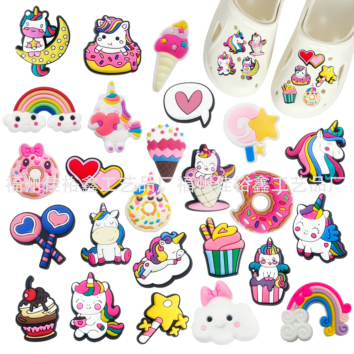 Invierno nuevo colorido unicornio serie agujero Zapatos flor Polaroid Arco Iris pony accesorios para niños transfronteriza en stock